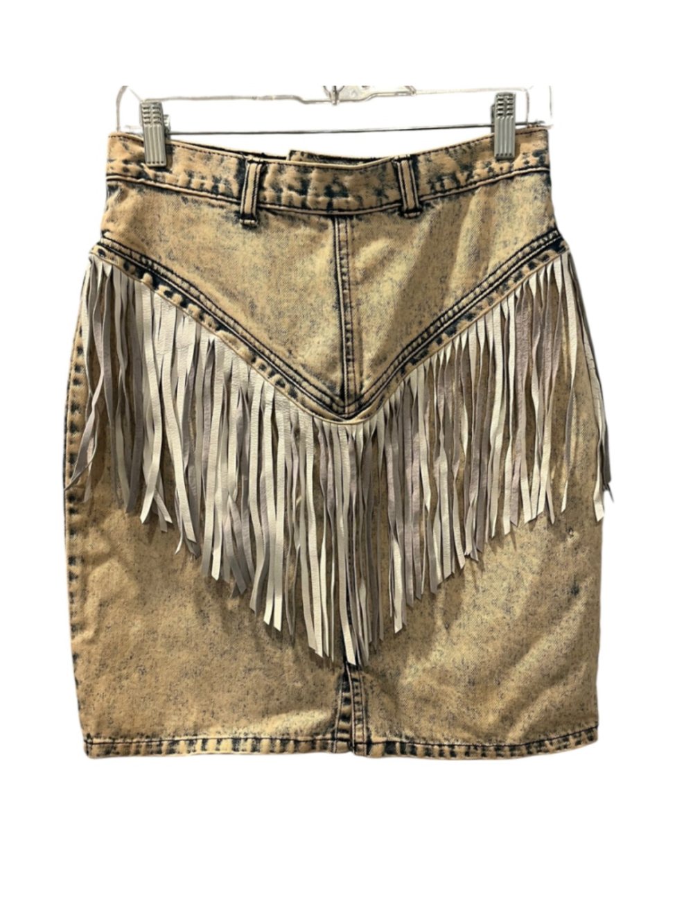 VTG 80s IOU Acid Wash Denim Mini Skirt White Leather Fringe Western Cowgirl SZ 9